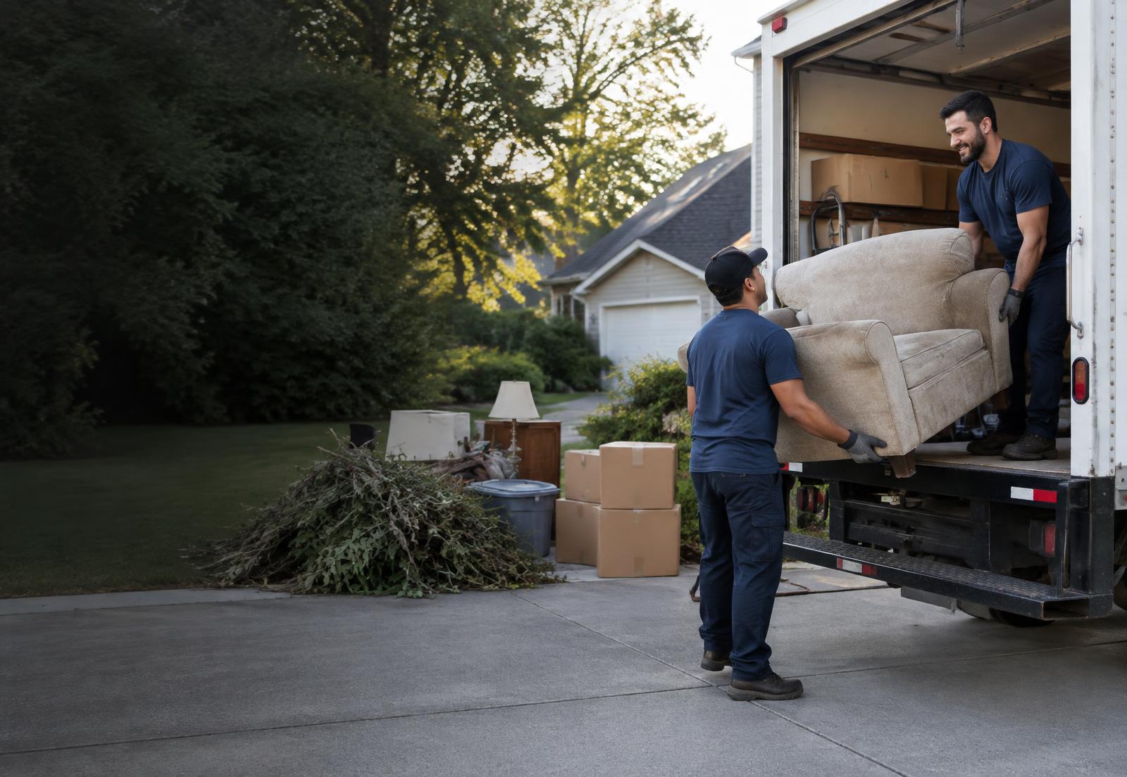 Local junk removal crew loading furniture into a truck